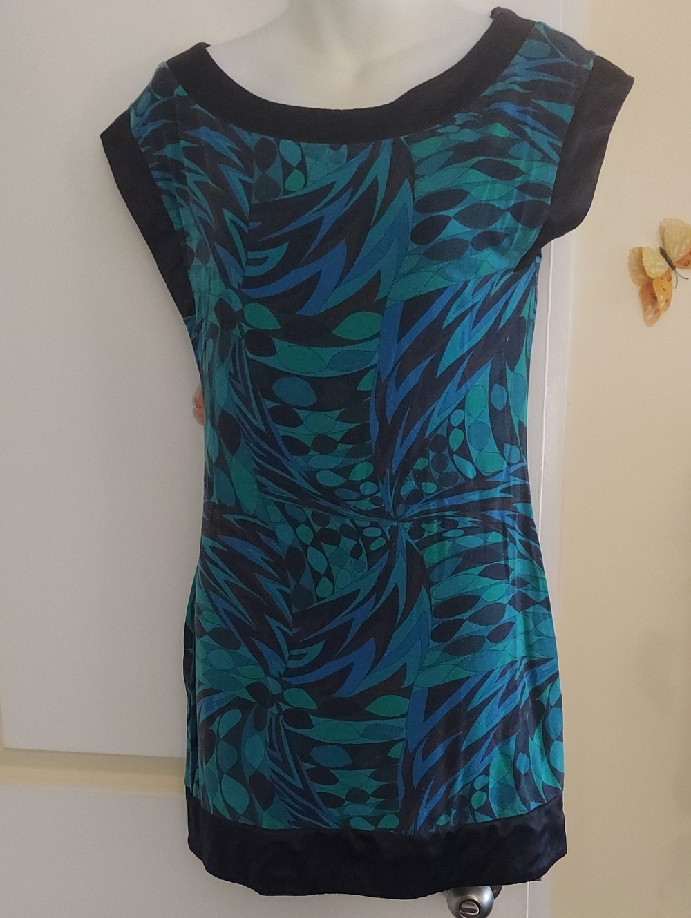 Women’s Blue-Green Patterned Cap-Sleeve Mini Dress